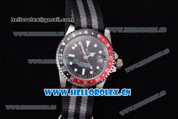 Rolex GMT-Master Asia 2813 Automatic Steel Case with Black Dial Black/Grey Nylon Strap and Red/Black Bezel - Click Image to Close